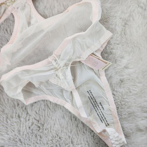 NEW We Are Hah Key To Your Heart Cream Pink Mesh Teddy Bodysuit - Picture 8 of 10